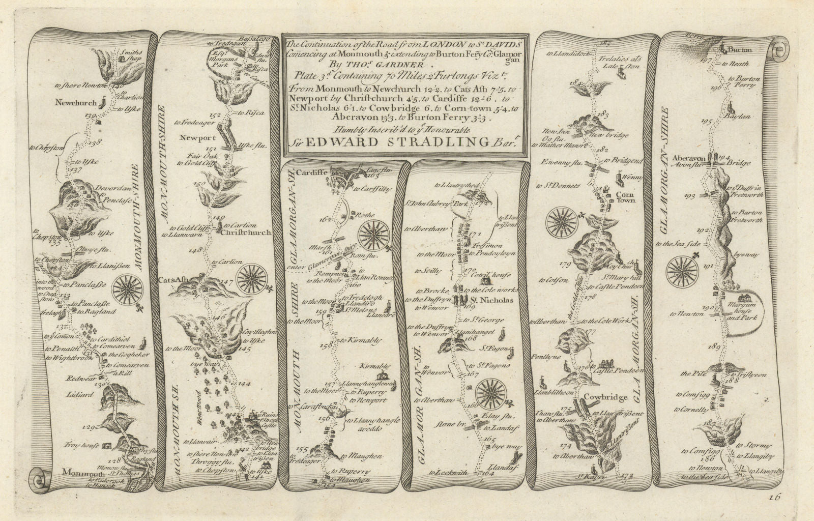 Monmouth - Newport - Cardiff - Port Talbot. GARDNER road map #16 1719 old